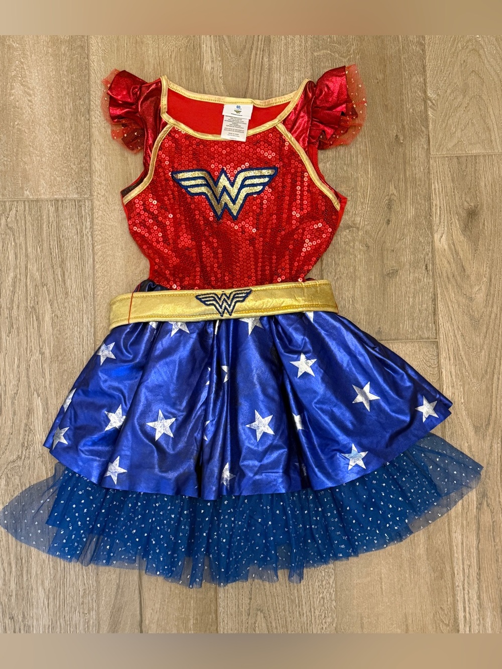 Kids Wonder Woman Red & Blue Superhero Costume Dress with Gold Belt